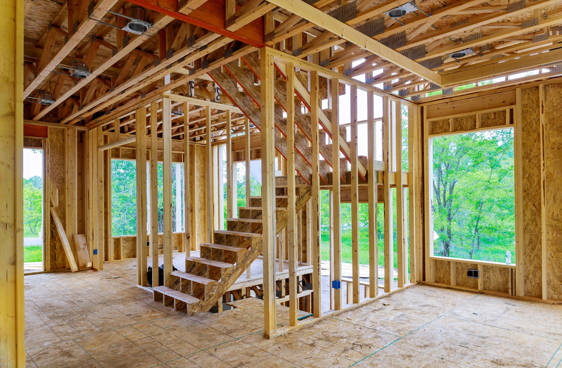 Beams the view of interior of frame house under construction residential house in American